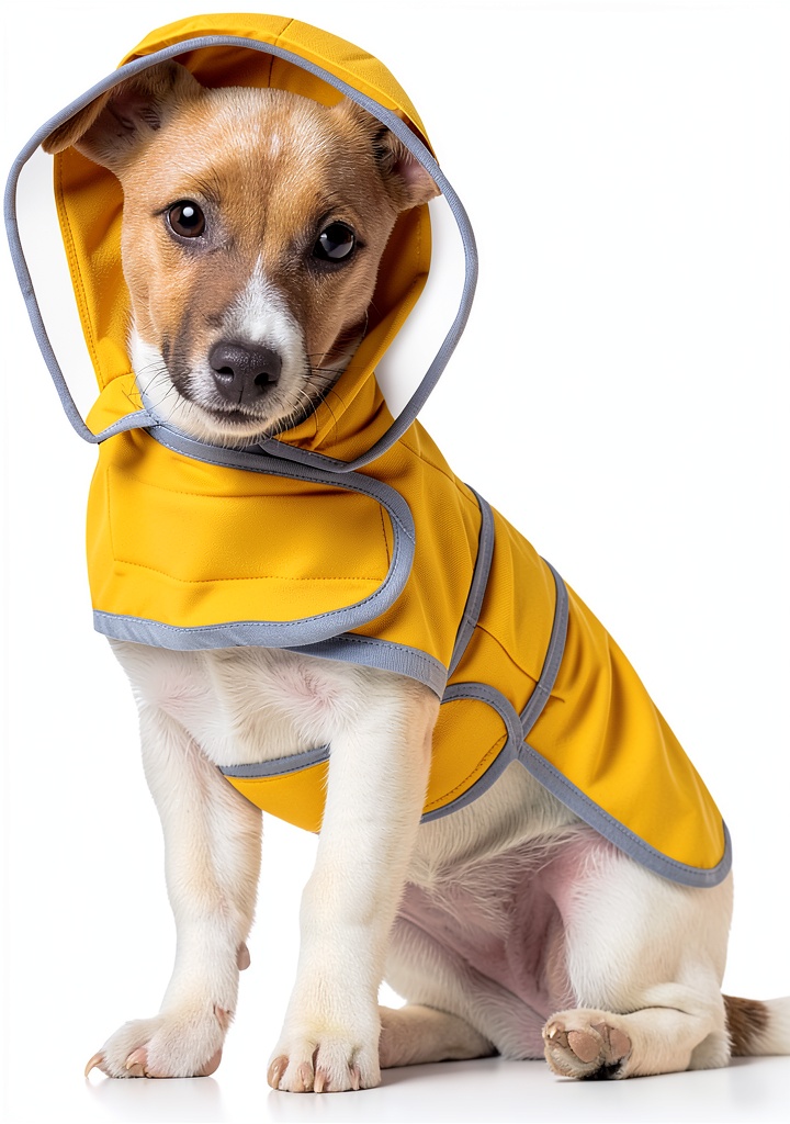 Dog wearing HDE raincoat on a rainy park trail