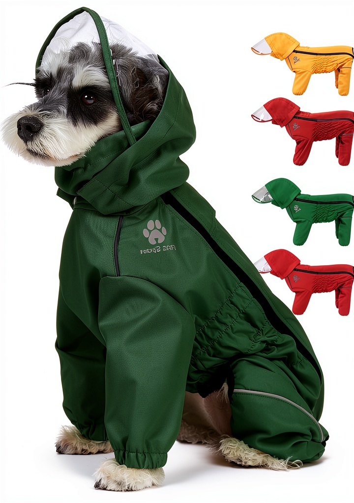 Dog wearing PINA waterproof raincoat on a rainy trail