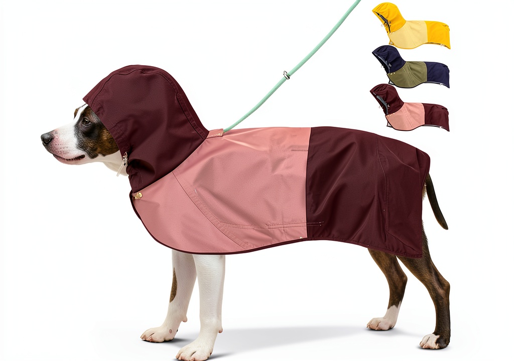 Dog wearing AOKOWN raincoat on a rainy park trail