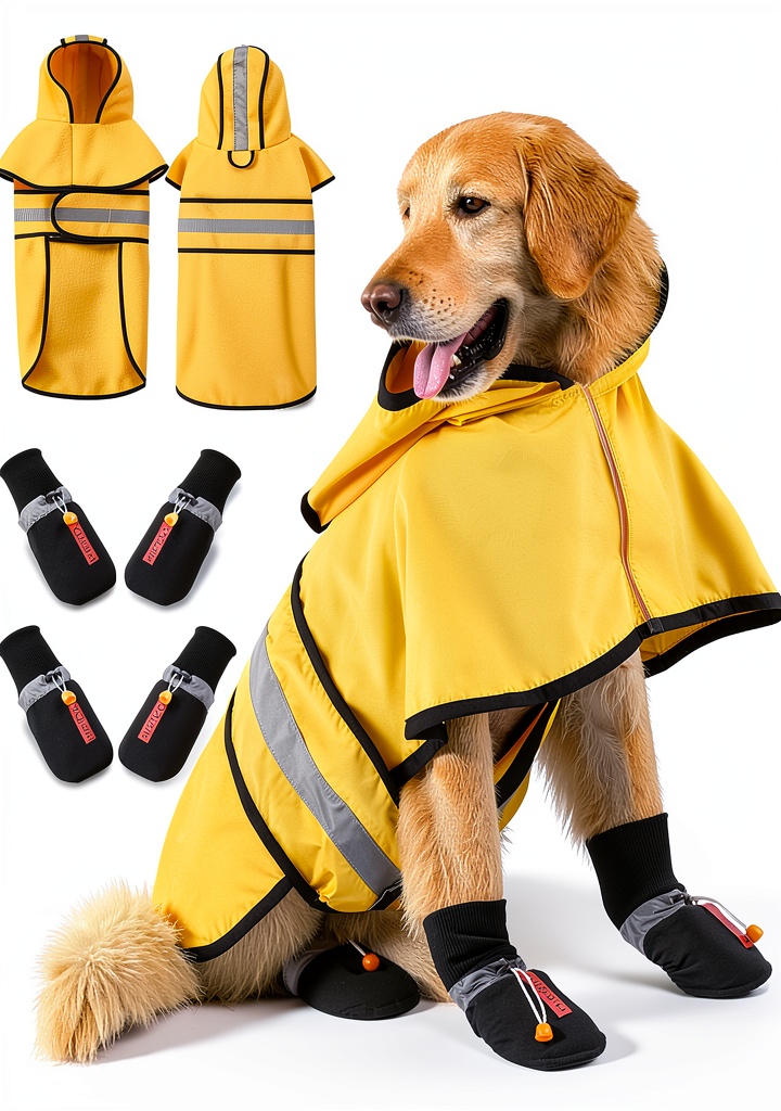 Dog wearing Sunnymove raincoat and shoes on a rainy sidewalk