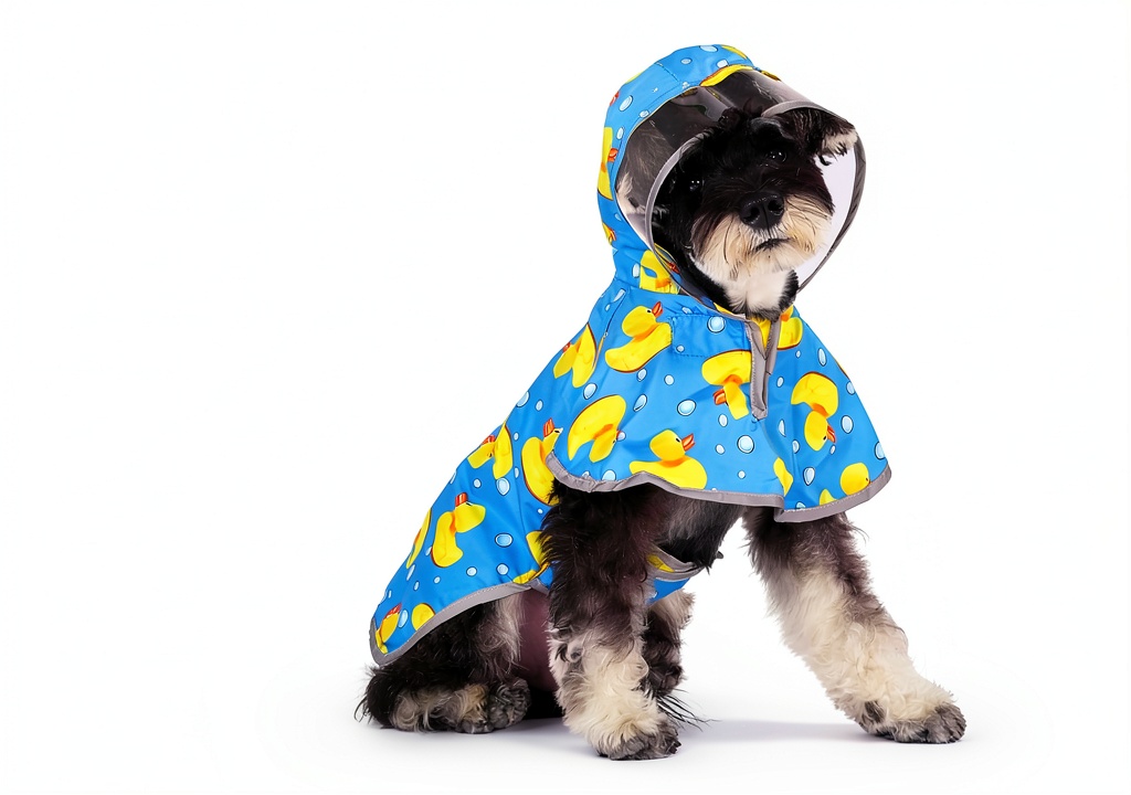 'KOOLTAIL Dog Raincoat in yellow duck print on a dog outdoors'