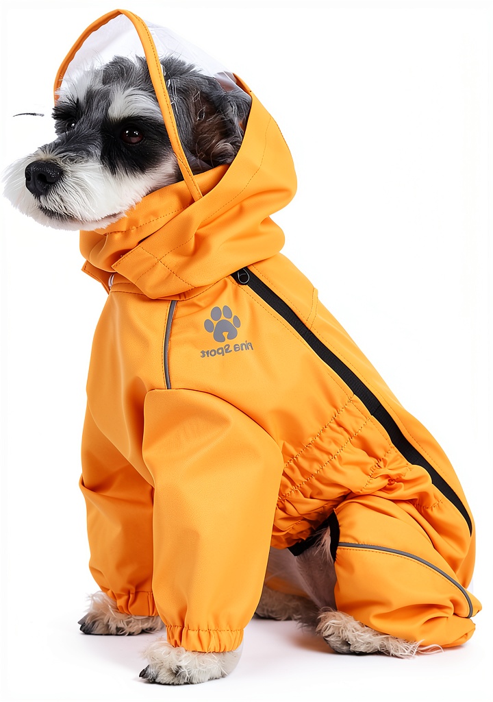 Dog wearing PINA waterproof raincoat on a rainy trail