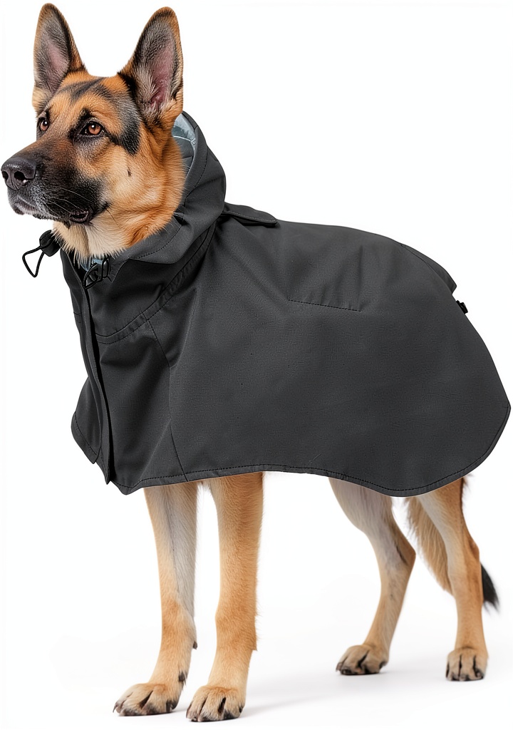 Dora Bridal dog raincoat on a German Shepherd in the rain
