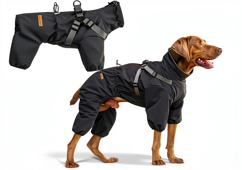 PAWBOSE dog raincoat in black on a small dog during a rainy walk