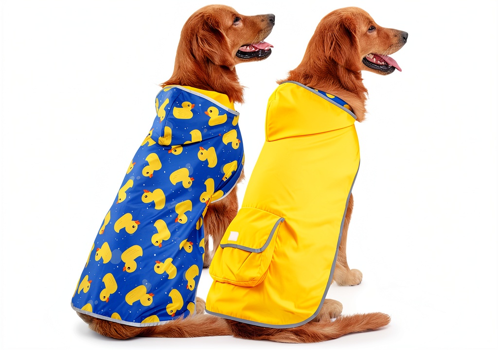 HDE reversible dog raincoat in yellow duck pattern on a medium-sized dog