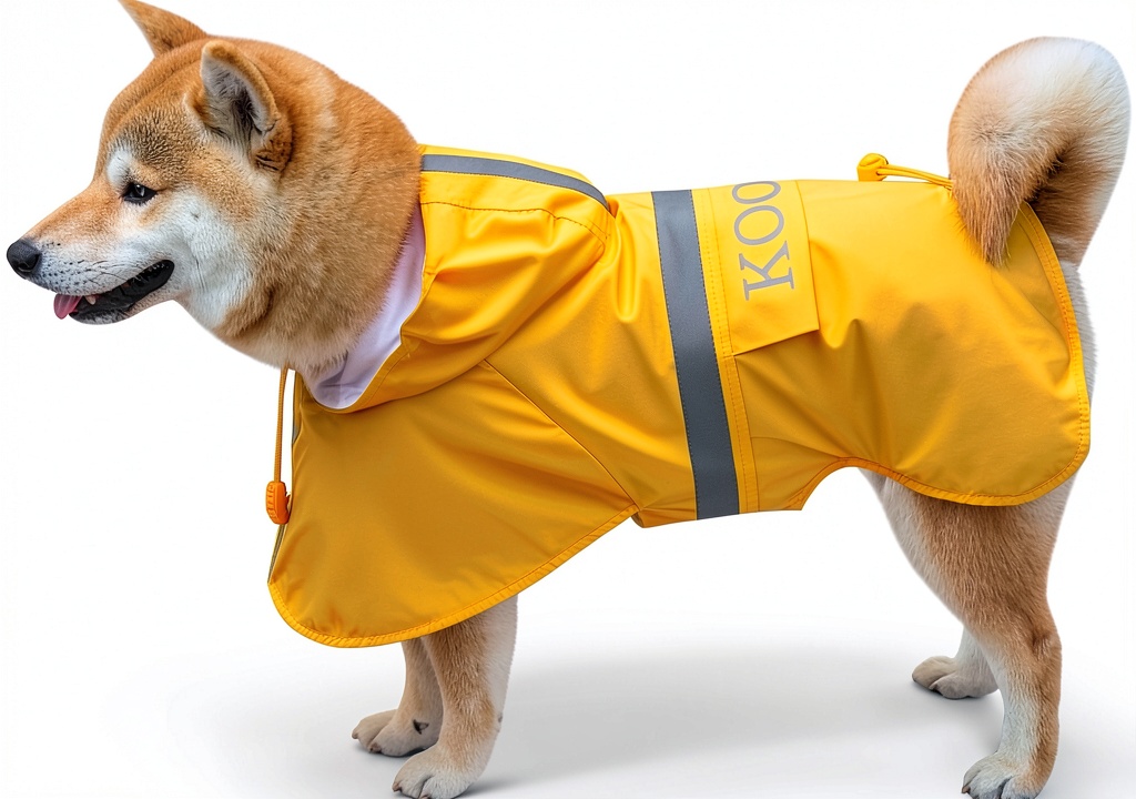 Dog wearing Mengdudu raincoat on a rainy trail